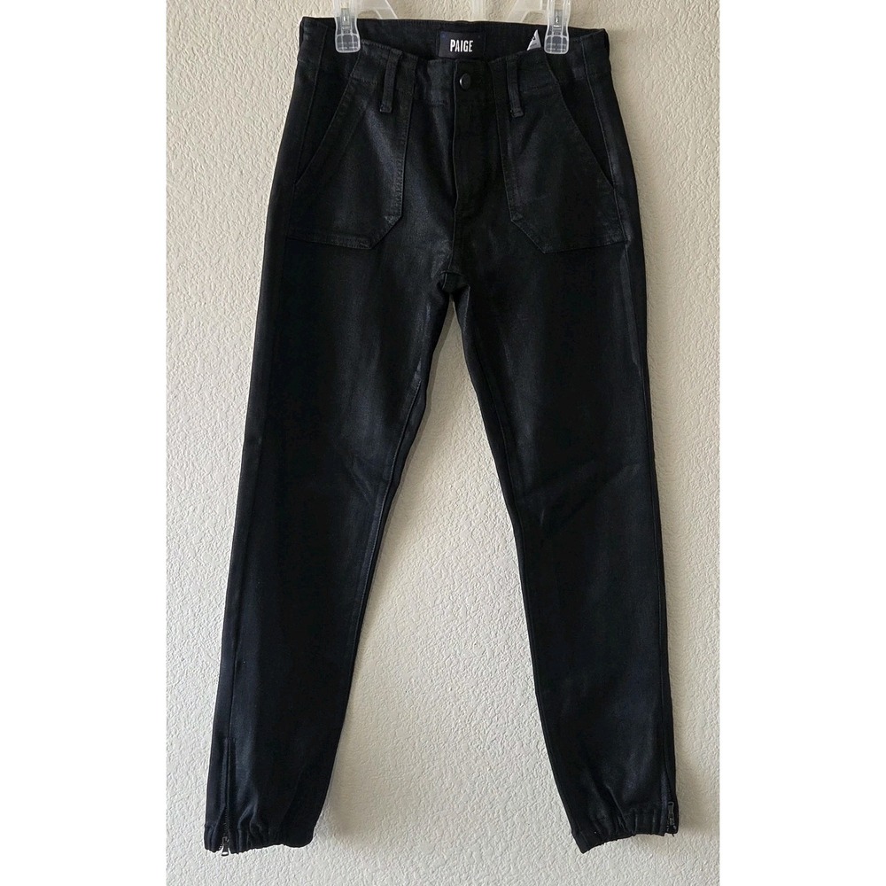 PAIGE Jet Black Fog Coated Cropped Mayslie Jogger Urban Pants Sz 25 MSRP $200+